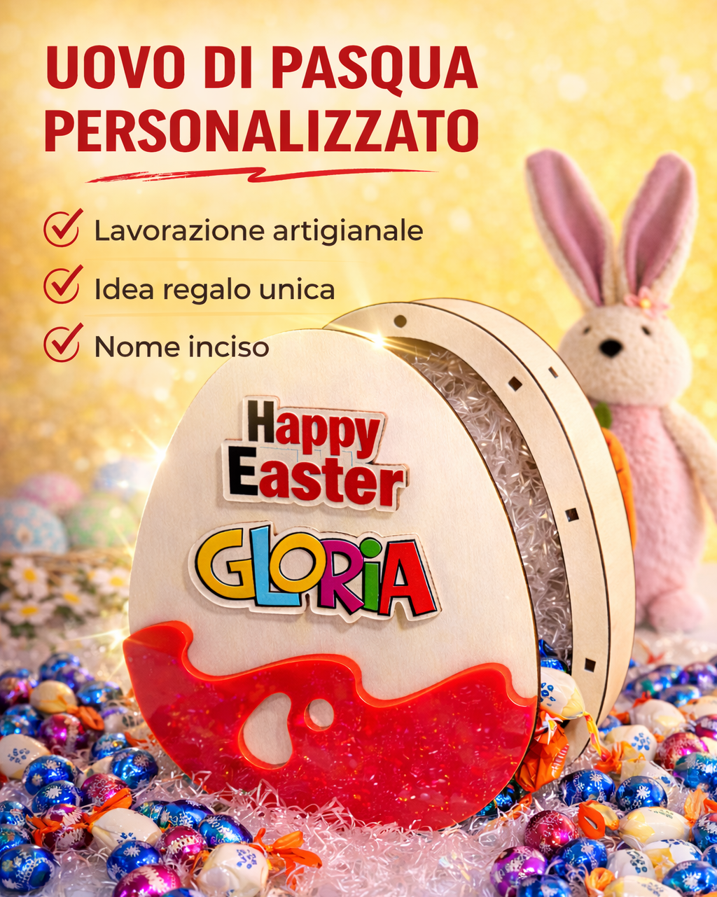 UOVO DI PASQUA IN LEGNO CON NOME PERSONALIZZABILE